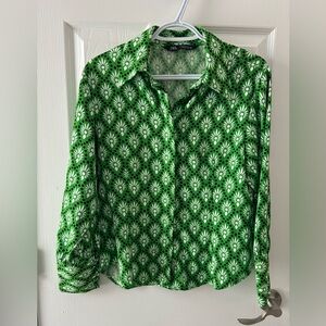 Zara Green Patterned Button Down Shirt With Balloon Sleeves And Covered Buttons
